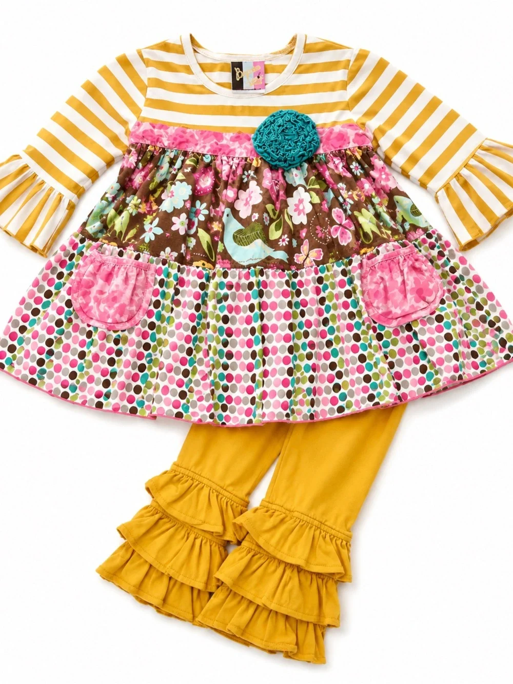Girls Yellow & Pink Ruffle Tunic Set with Floral Patch